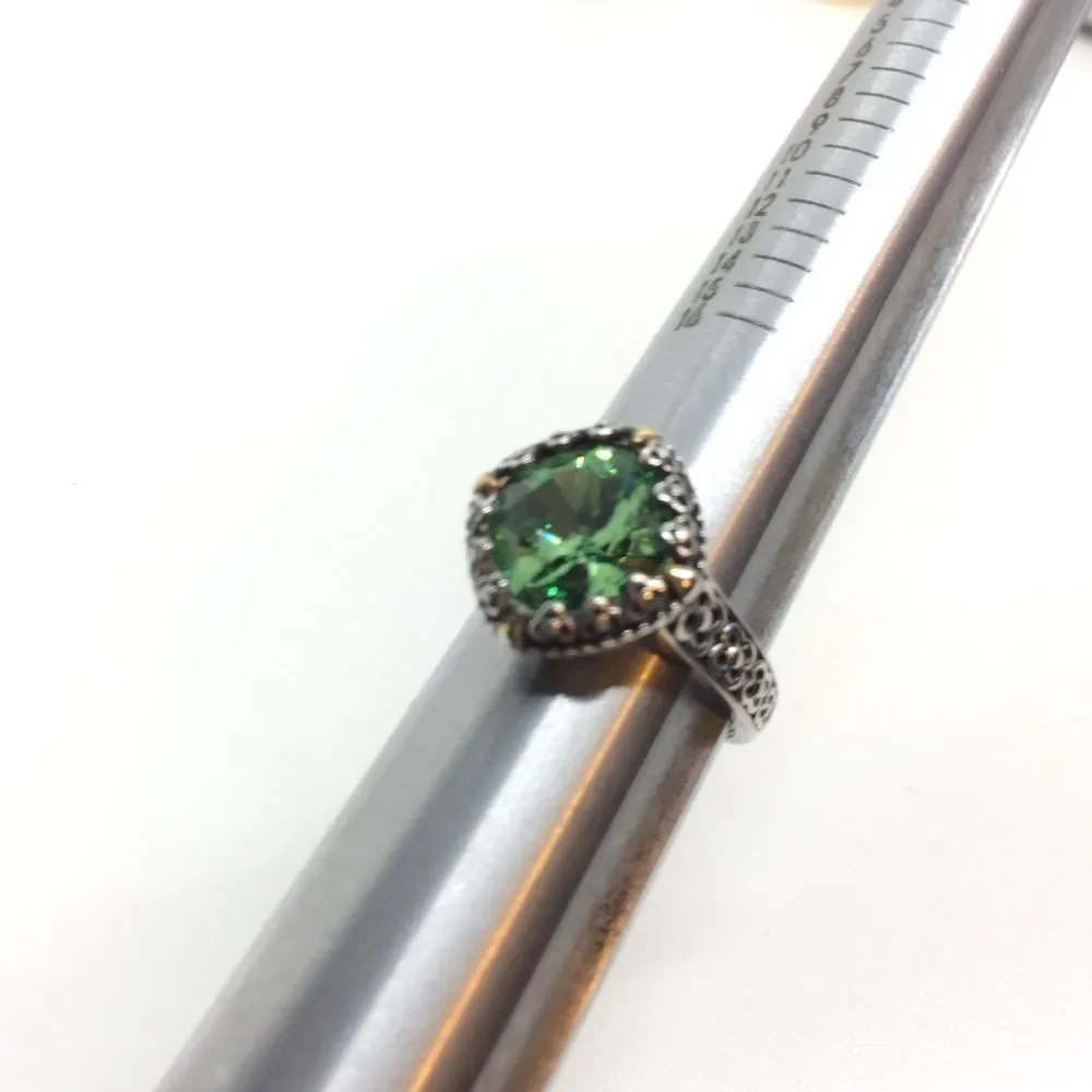 STERLING SILVER RING Green Glass Filigree Statement Ring Sz 7.25